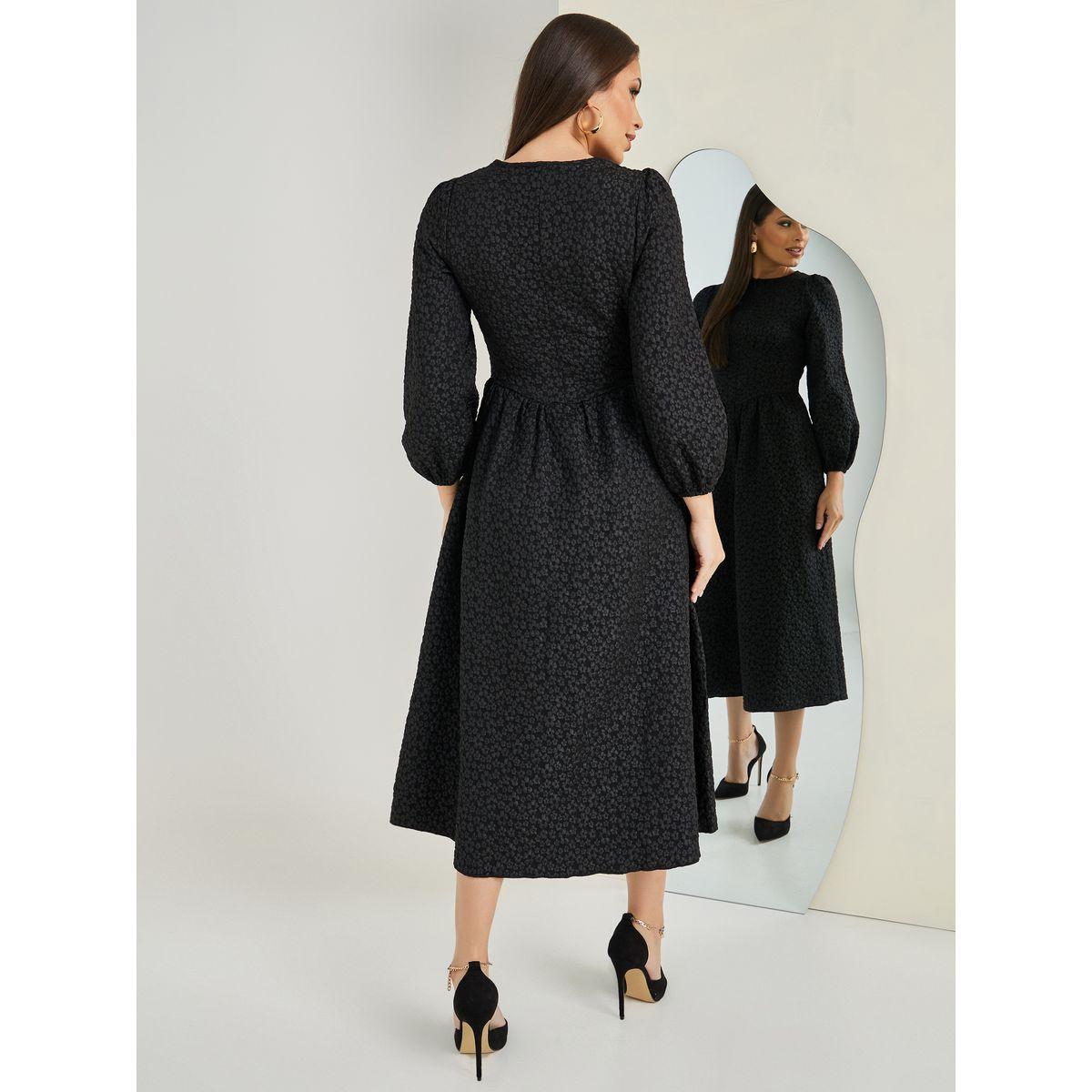 Styli Floral Textured Fit and Flare A-Line Midi Dress-women-clothing-dresses-image-6