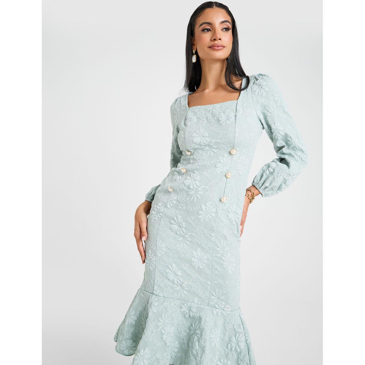 Styli Embossed Faux Pearl Detail Midi Dress-women-clothing-dresses-image-1
