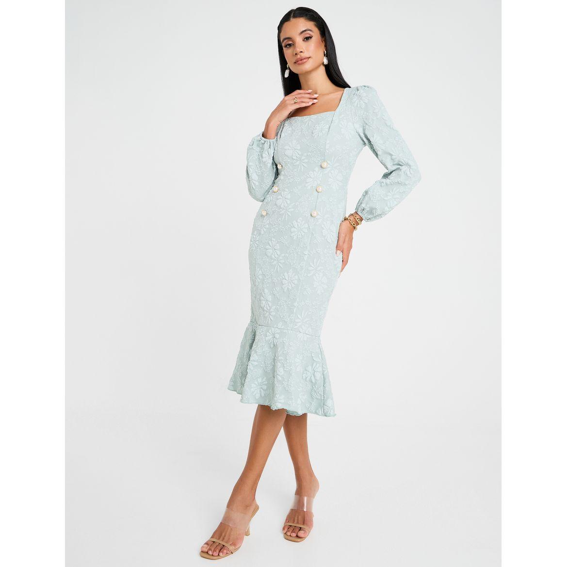 Styli Embossed Faux Pearl Detail Midi Dress-women-clothing-dresses-image-2