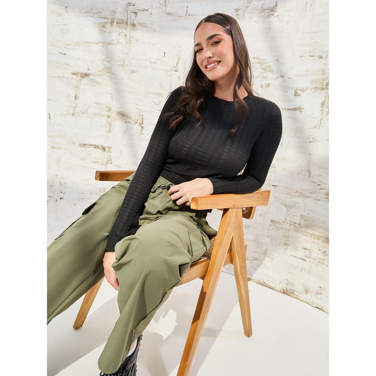 Styli Elevate Textured Flute Sleeve Fitted Top with Lettuce Edge-women-clothing-shirtsandblouses-blouses-image-1