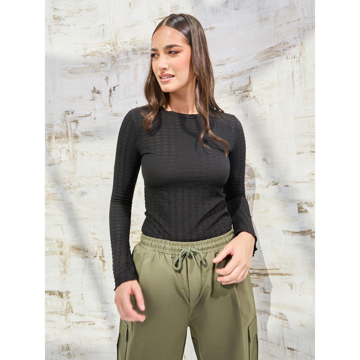 Styli Elevate Textured Flute Sleeve Fitted Top with Lettuce Edge-women-clothing-shirtsandblouses-blouses-image-4