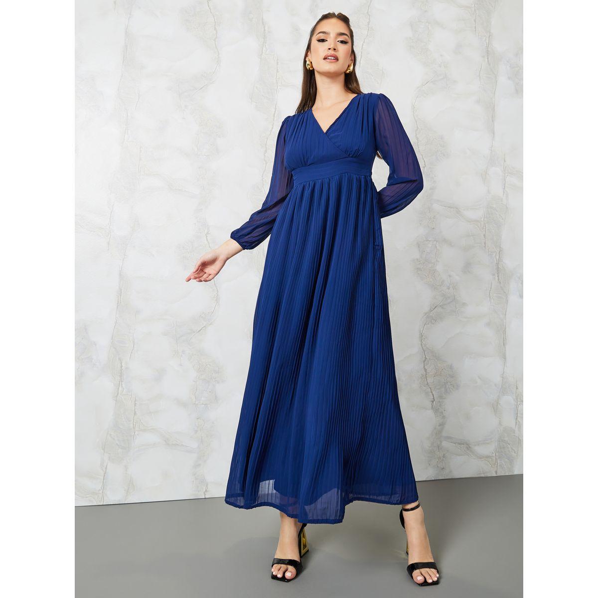Styli V Neck Sheer Sleeve A-Line Maxi Dress-women-clothing-dresses-image-1