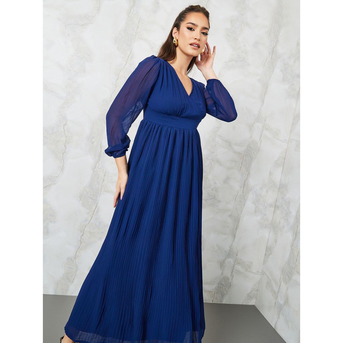 Styli V Neck Sheer Sleeve A-Line Maxi Dress-women-clothing-dresses-image-2