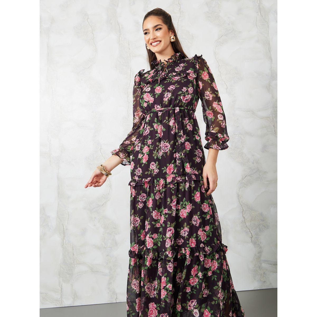 فستان طويل بكسرات وياقة بأربطة-women-clothing-dresses-image-2
