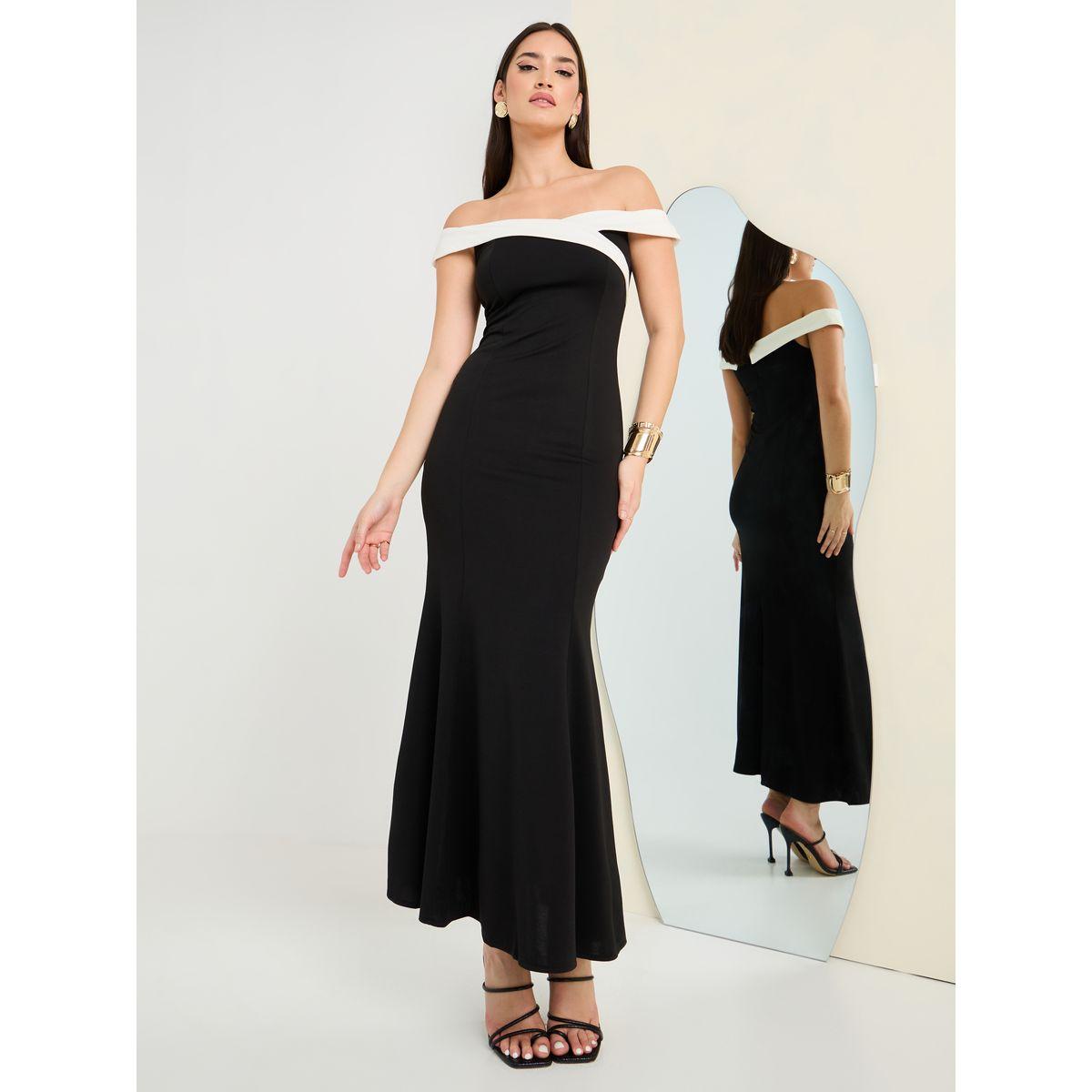 Styli Off-Shoulder Duo Tone Bodycon Maxi Dress-women-clothing-dresses-image-2