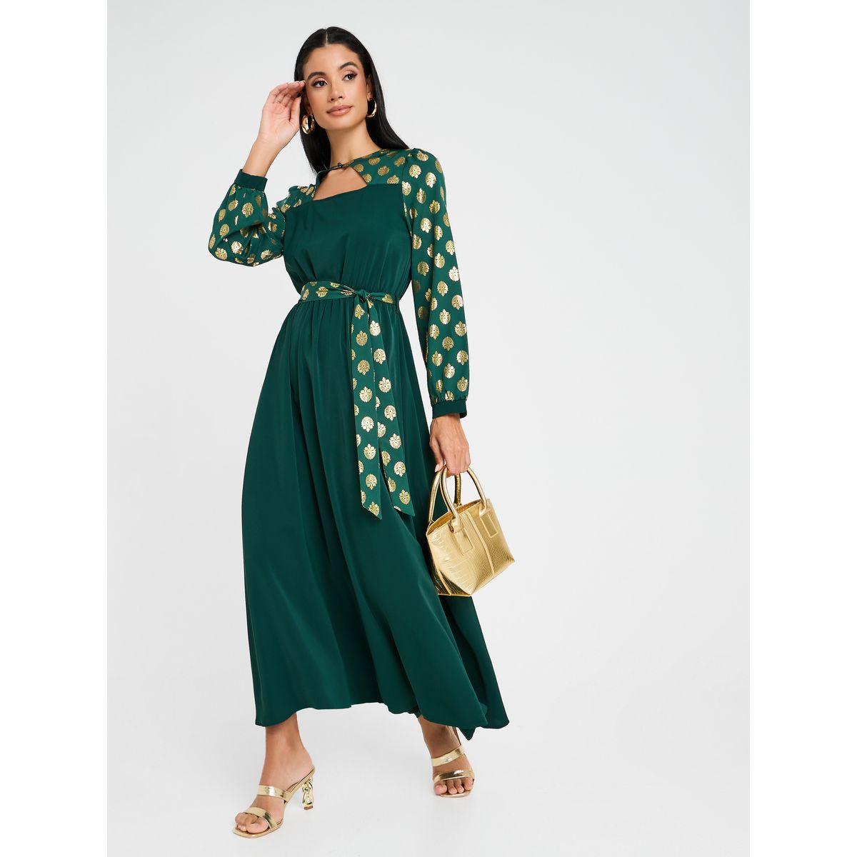 فستان طويل بطبعة فويل ورباط خصر-women-clothing-dresses-image-1