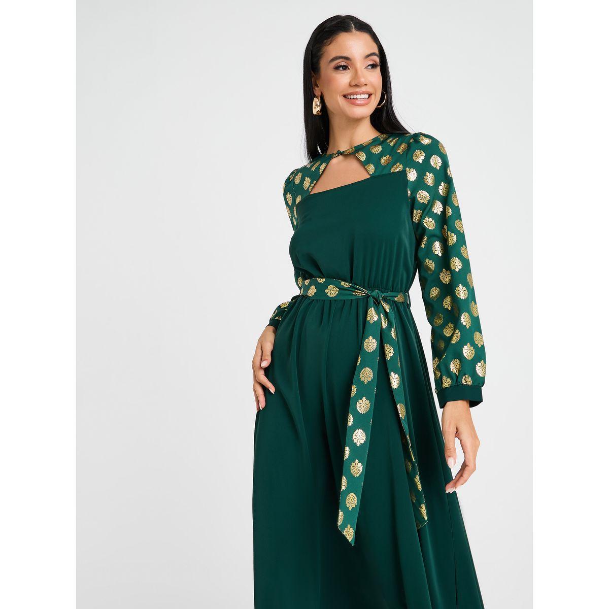 Styli Foil Print A-Line Maxi Dress with Tie Belt-women-clothing-dresses-image-2