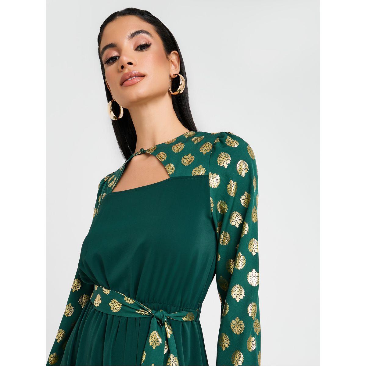 Styli Foil Print A-Line Maxi Dress with Tie Belt-women-clothing-dresses-image-4