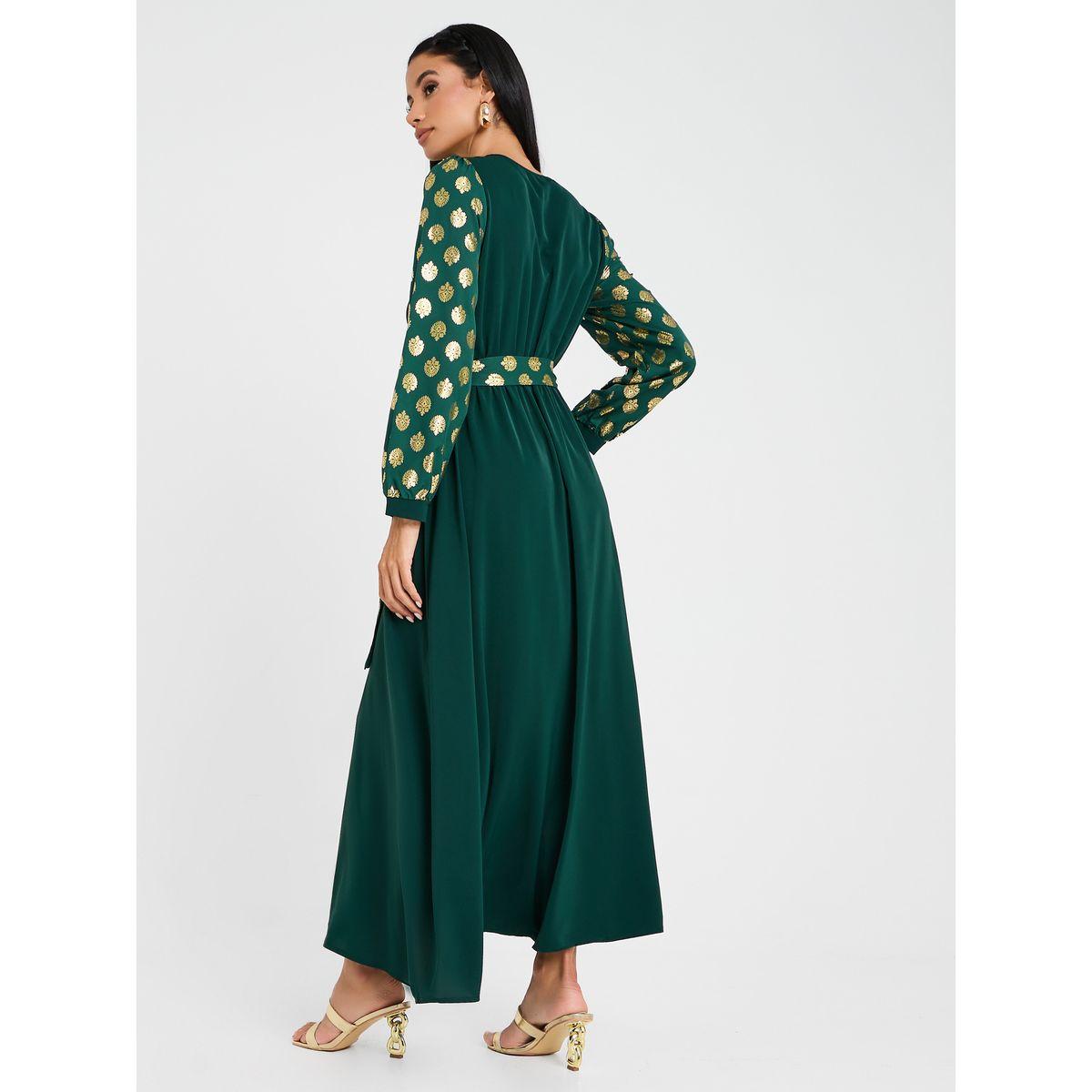 Styli Foil Print A-Line Maxi Dress with Tie Belt-women-clothing-dresses-image-5