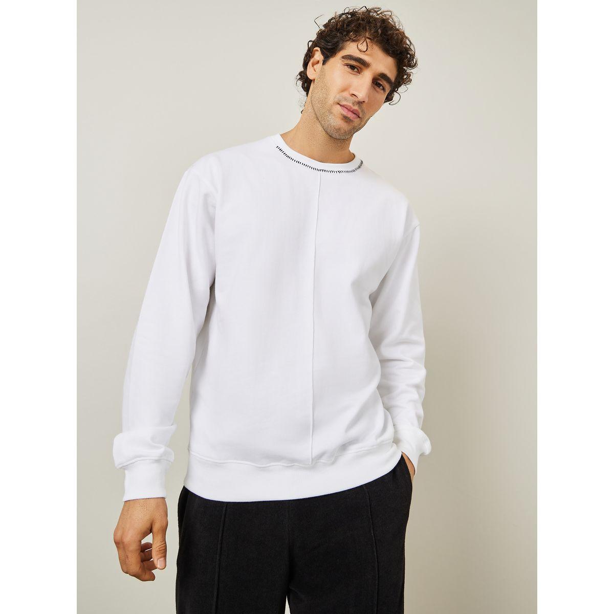 Styli Solid Relax Fit Neck Stitch Detail Fleece Sweatshirt-men-winterwear-hoodiesandsweatshirts-image-3