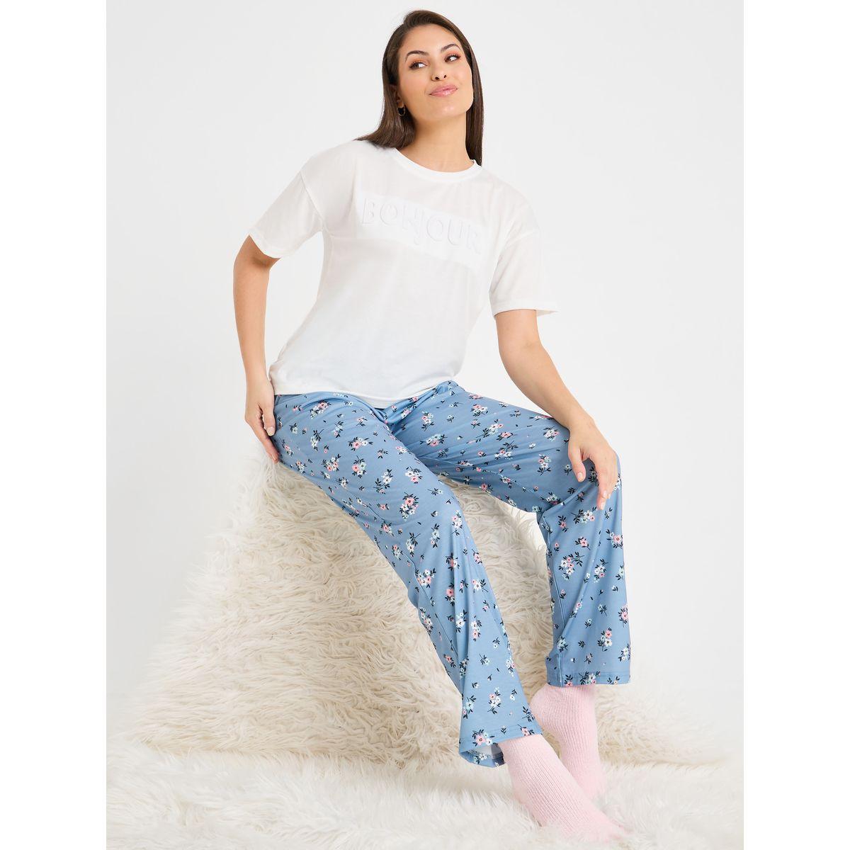 Styli Unwind Embossed T-Shirt & Floral Print Pajama Set-women-clothing-nightwear-pyjamas-longsets-image-1