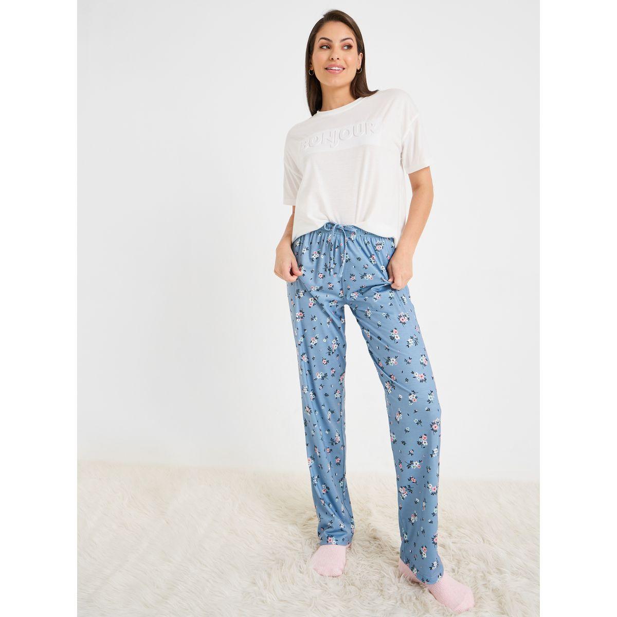 Styli Unwind Embossed T-Shirt & Floral Print Pajama Set-women-clothing-nightwear-pyjamas-longsets-image-2