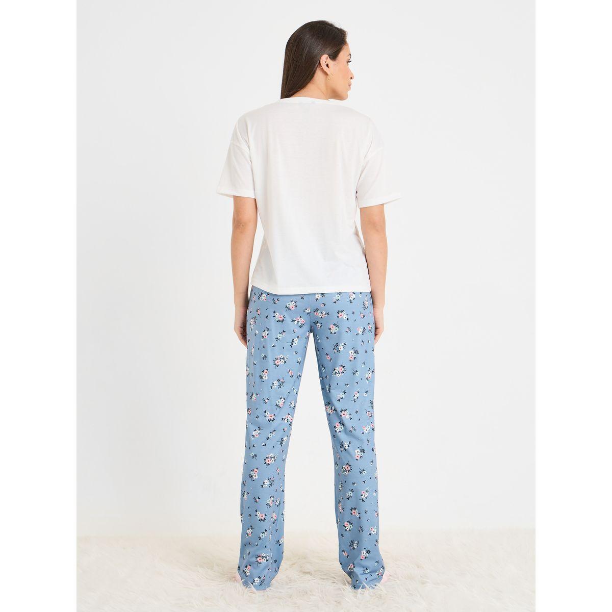 Styli Unwind Embossed T-Shirt & Floral Print Pajama Set-women-clothing-nightwear-pyjamas-longsets-image-6