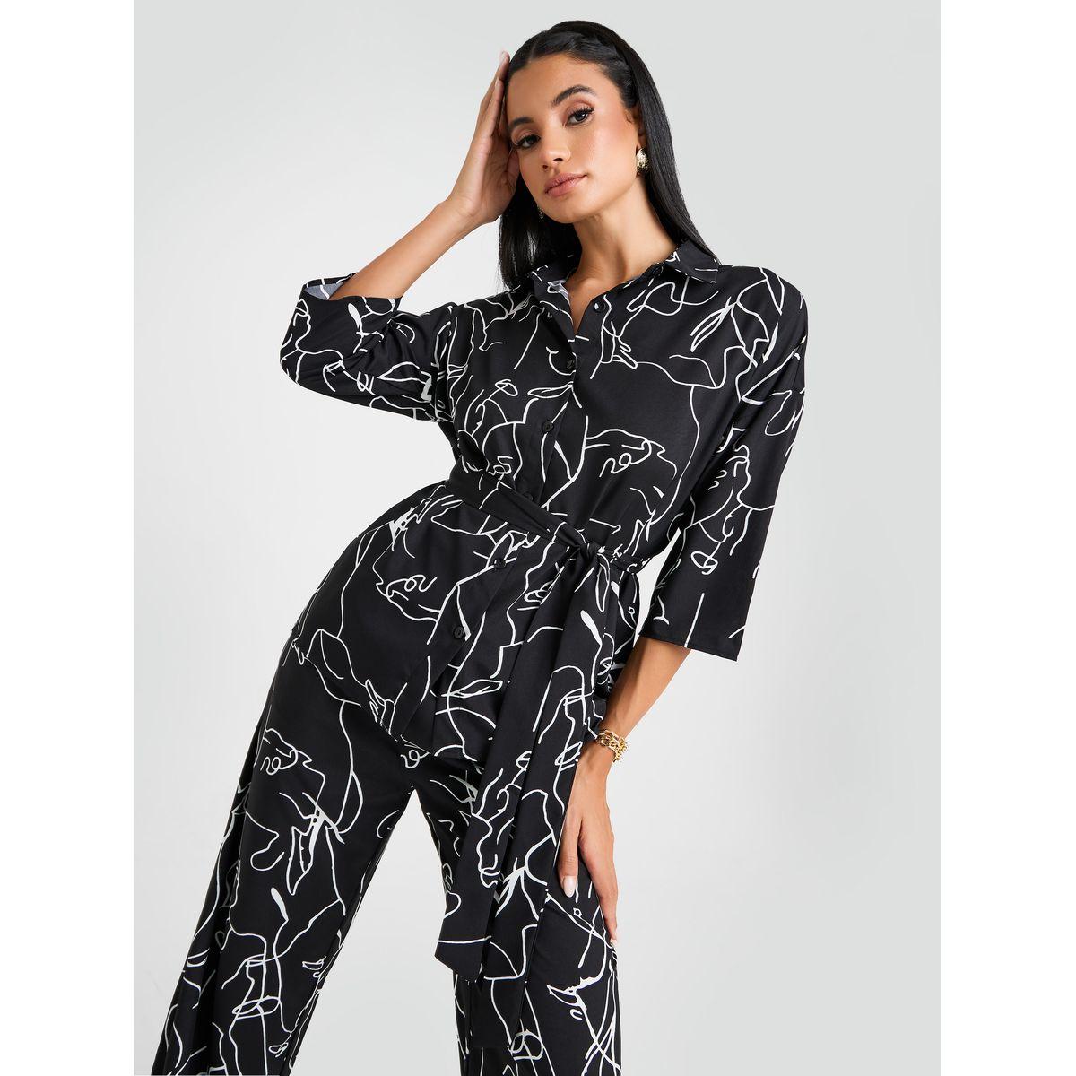 Styli Abstract Print Long Line Shirt With Belt-women-clothing-shirtsandblouses-shirts-image-1