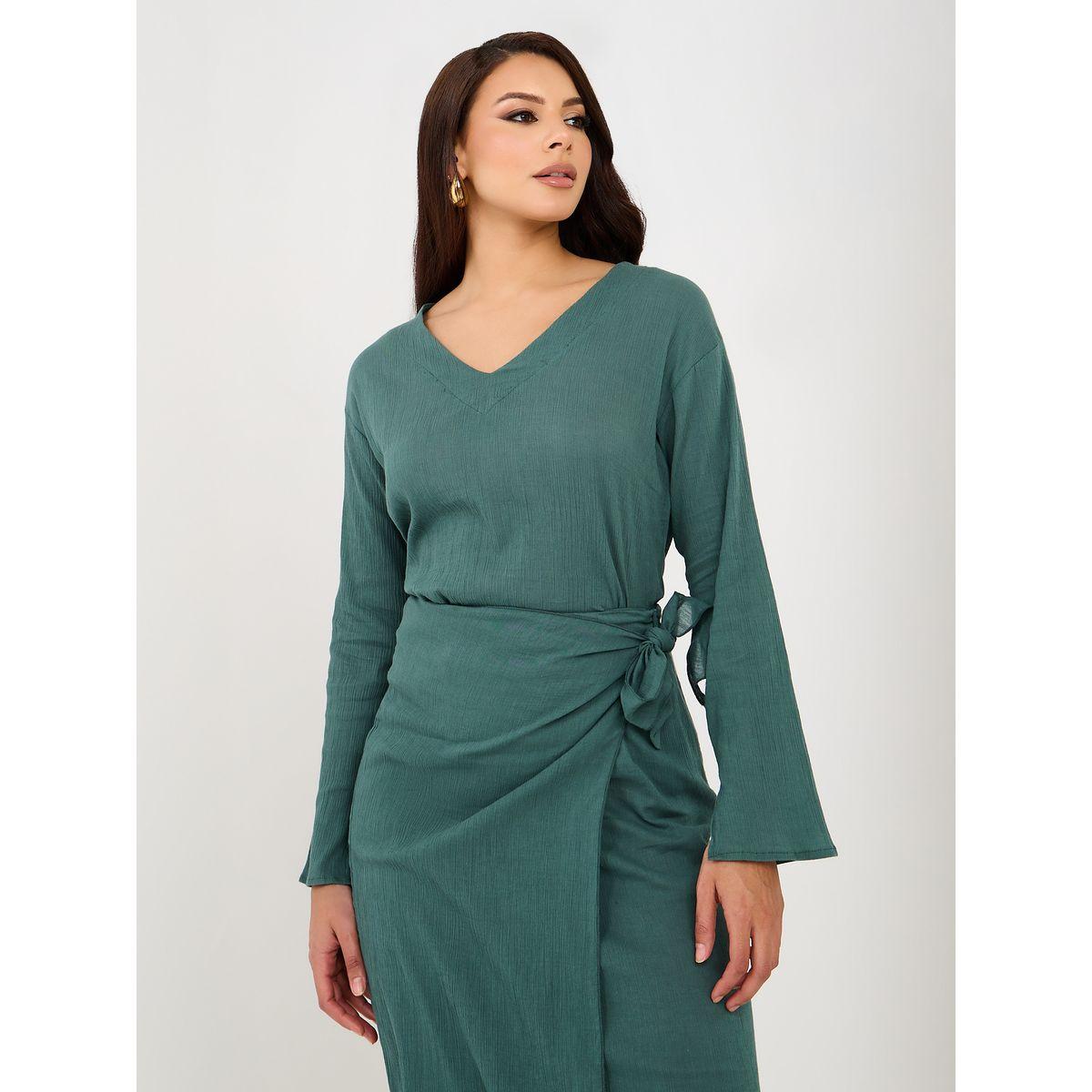 Styli Crinkled V Neck Blouse With Slit Sleeve-women-clothing-shirtsandblouses-blouses-image-1