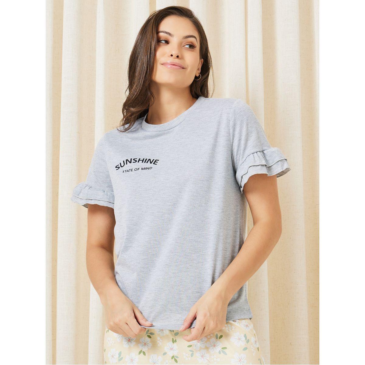 Styli Unwind Slogan Print Ruffle Sleeve T-Shirt & Floral Pyjama Set-women-clothing-nightwear-pyjamas-longsets-image-3