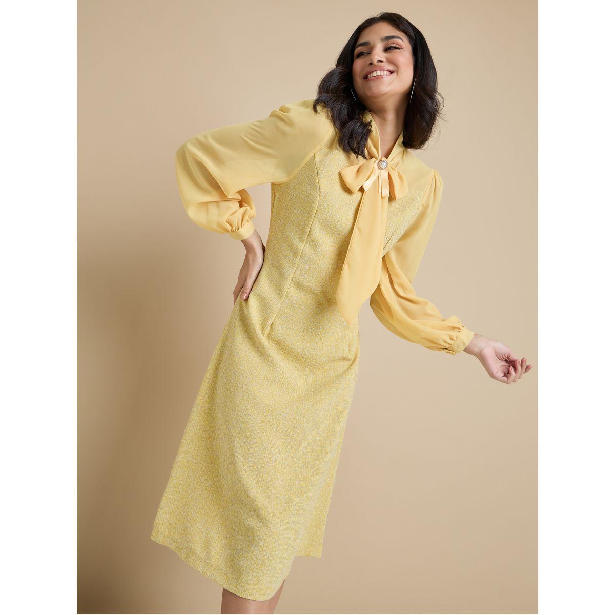 فستان ميدي تويد مع ياقة بأربطة-women-clothing-dresses-image-1