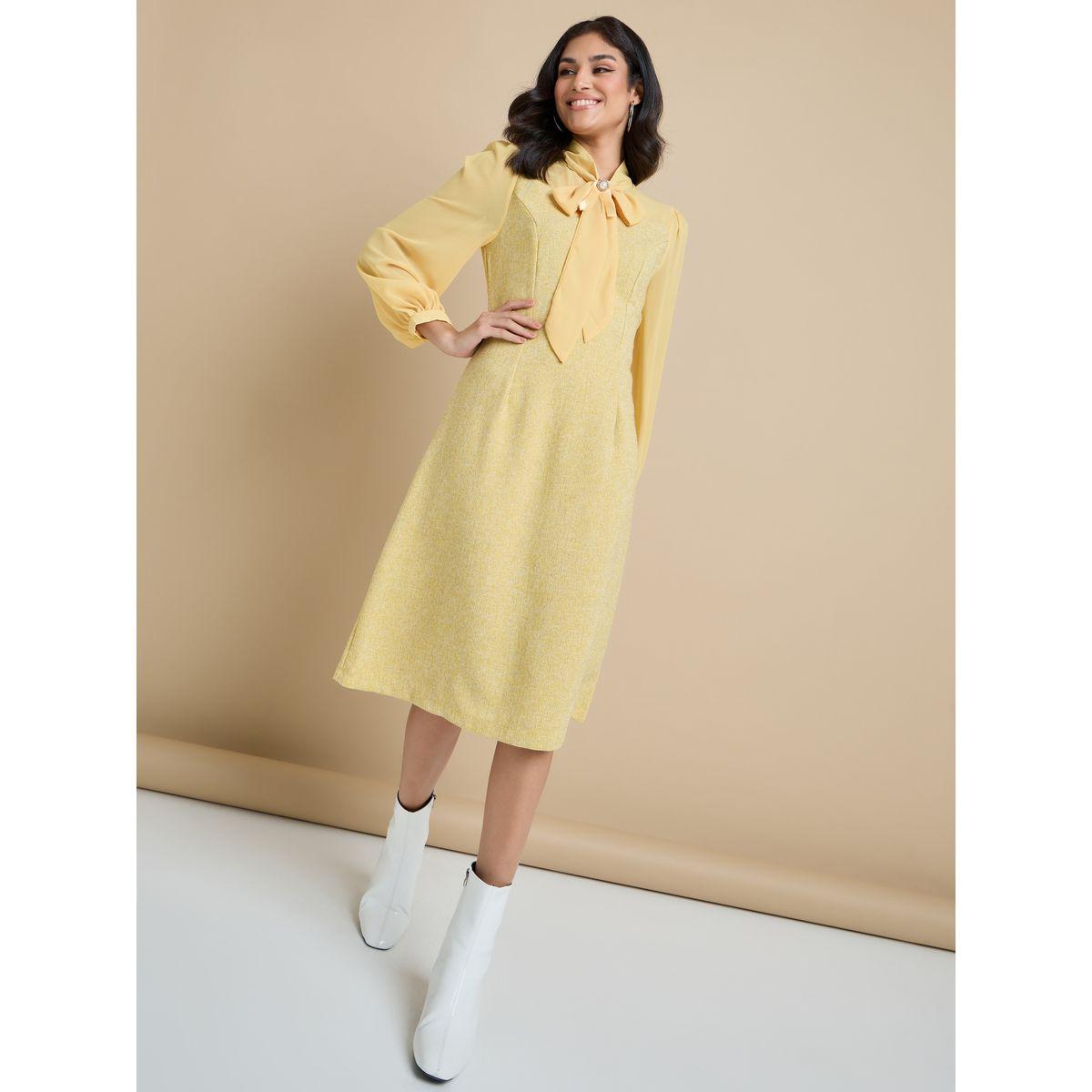 Styli Tie-Up Neck Tweed Shift Midi Dress-women-clothing-dresses-image-2