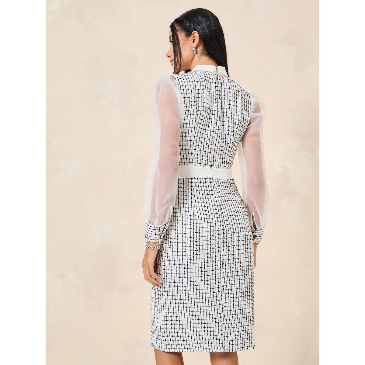 Styli Tweed Mesh Sleeve Sheath Knee Length Dress-women-clothing-dresses-image-4