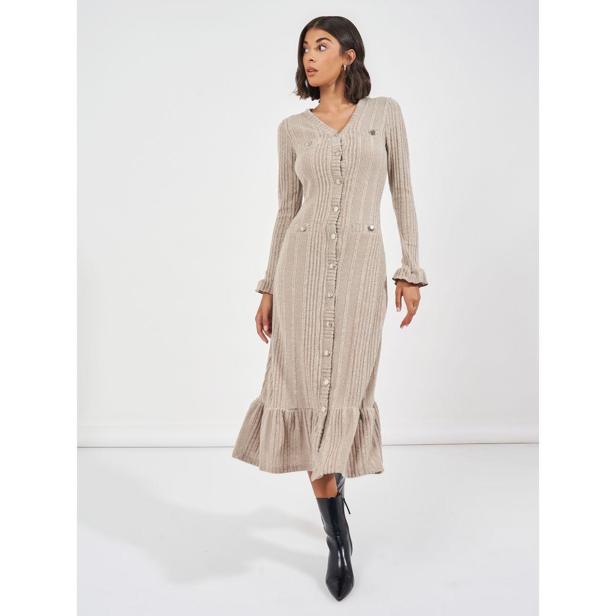 Styli Textured Knit Sweater Midi Dress with Button Detail-women-clothing-dresses-image-1