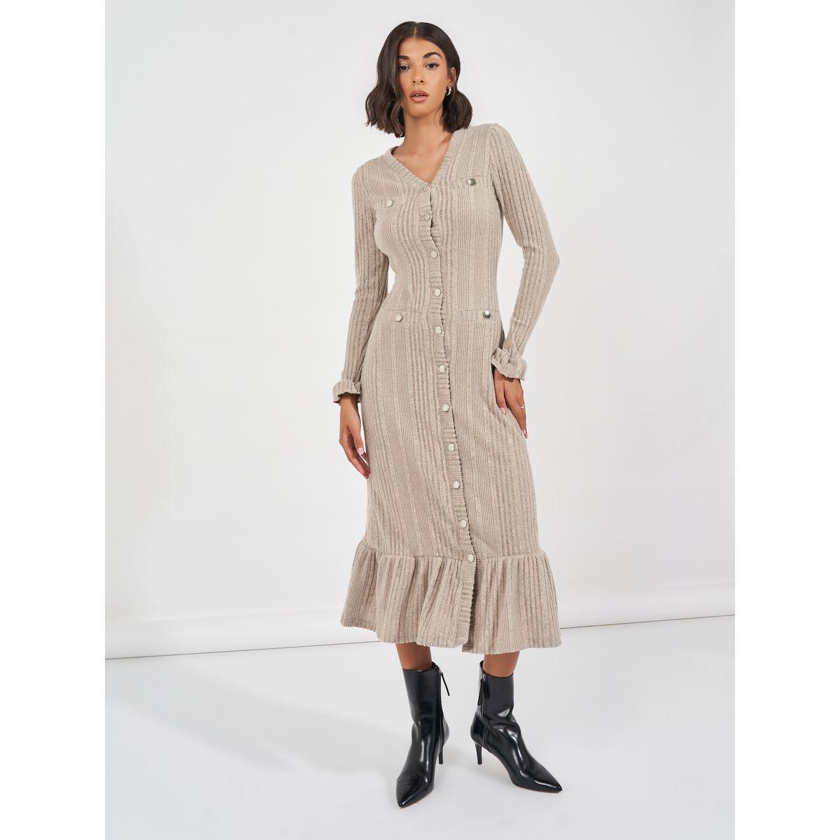 Styli Textured Knit Sweater Midi Dress with Button Detail-women-clothing-dresses-image-2