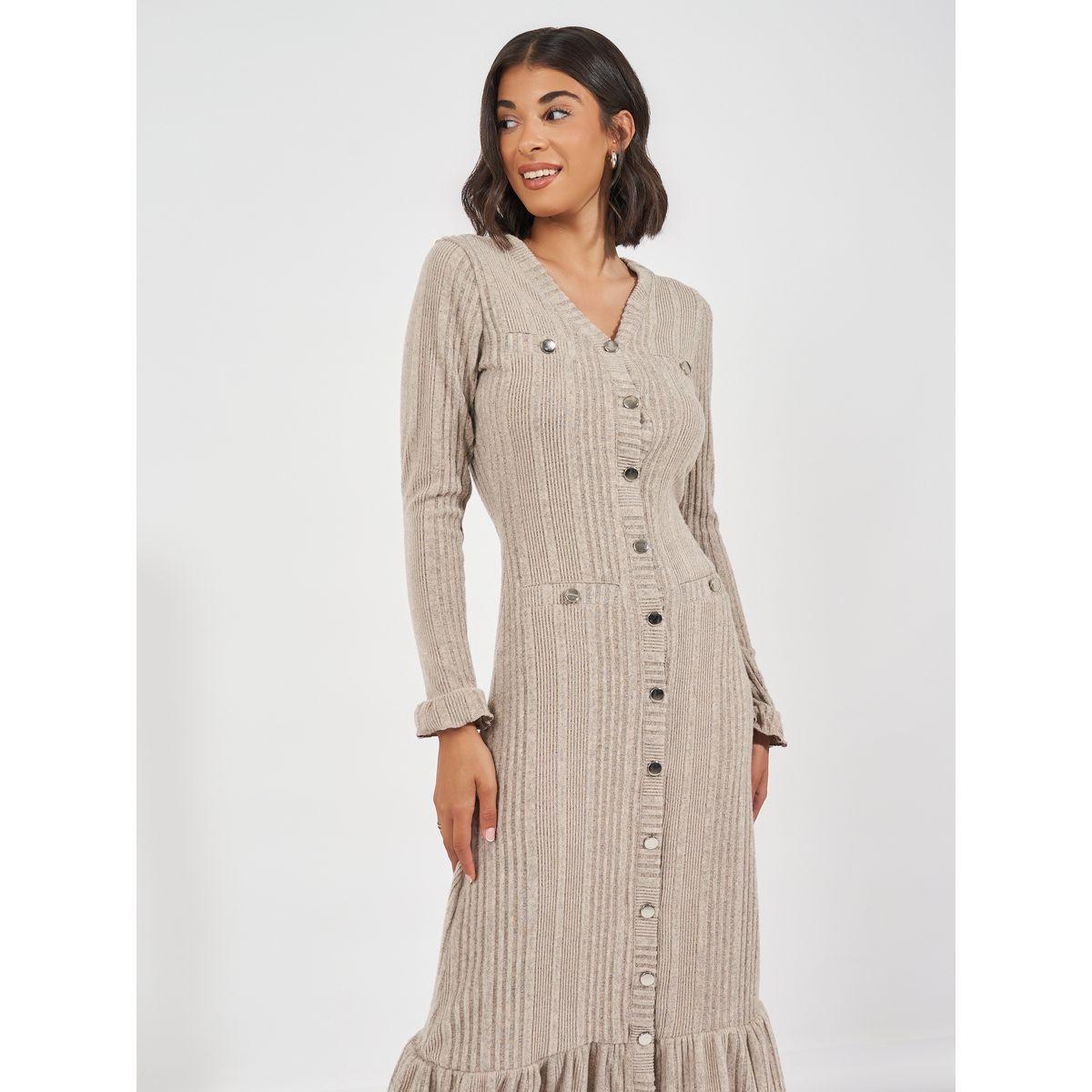 Styli Textured Knit Sweater Midi Dress with Button Detail-women-clothing-dresses-image-5