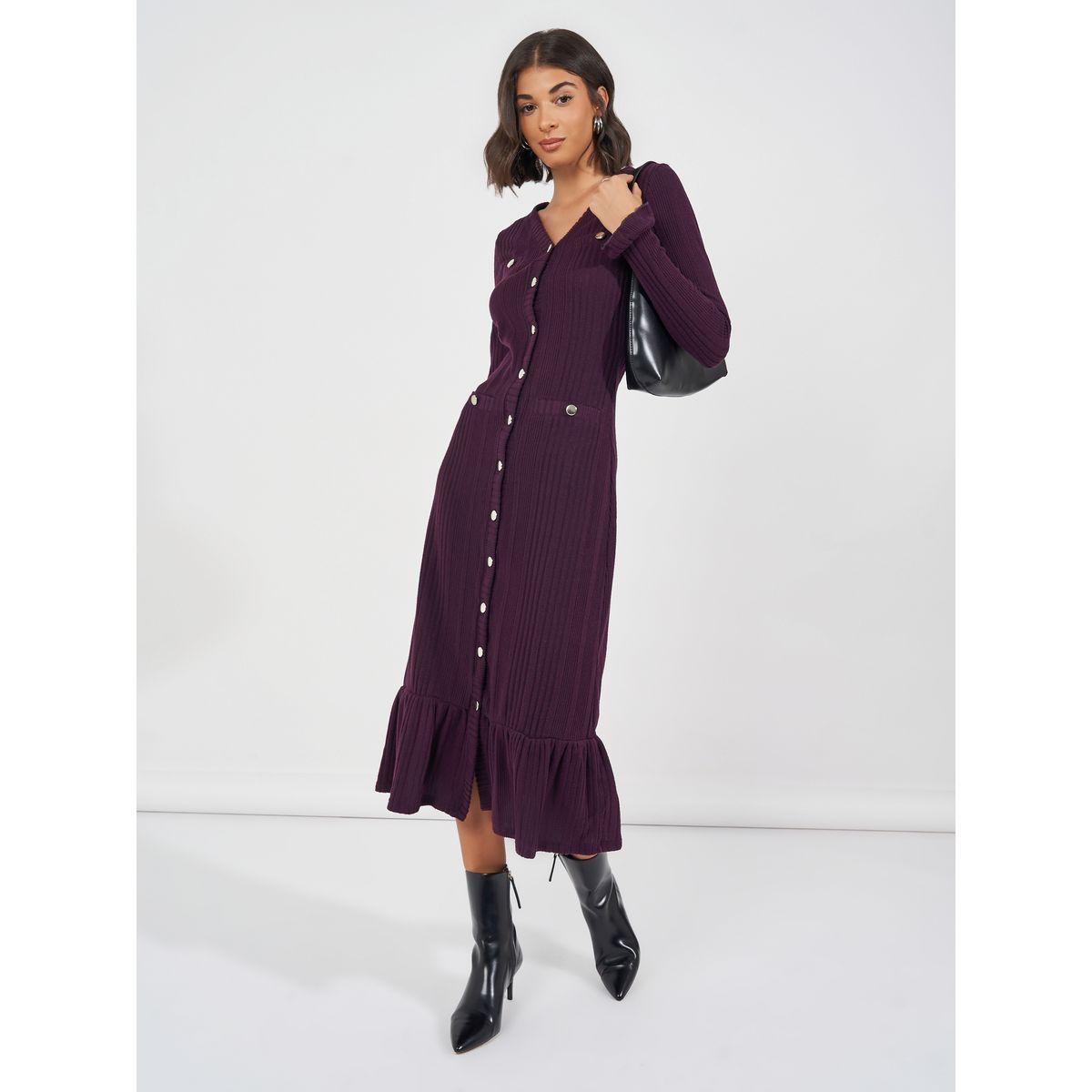 Styli Textured Knit Sweater Midi Dress with Button Detail-women-clothing-dresses-image-1