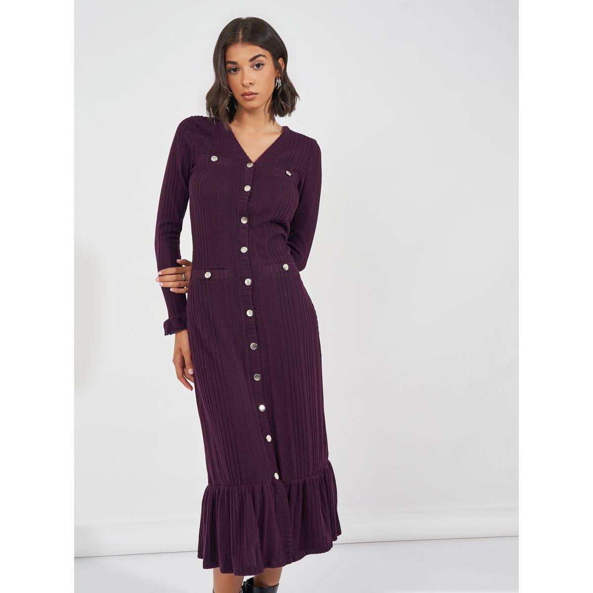 Styli Textured Knit Sweater Midi Dress with Button Detail-women-clothing-dresses-image-2