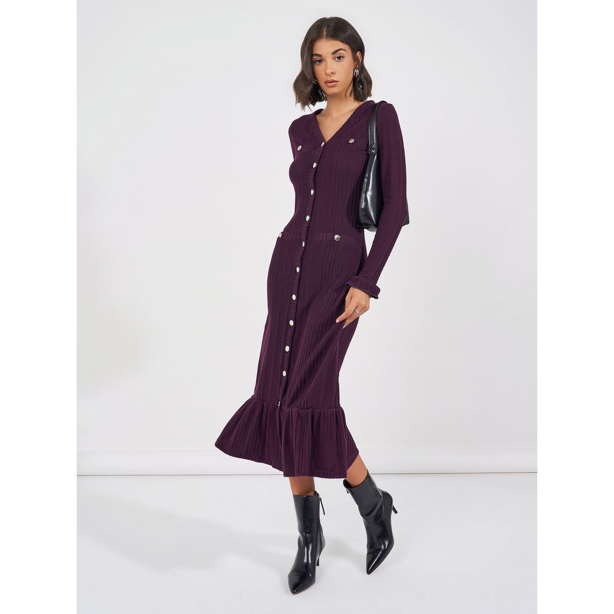 Styli Textured Knit Sweater Midi Dress with Button Detail-women-clothing-dresses-image-3