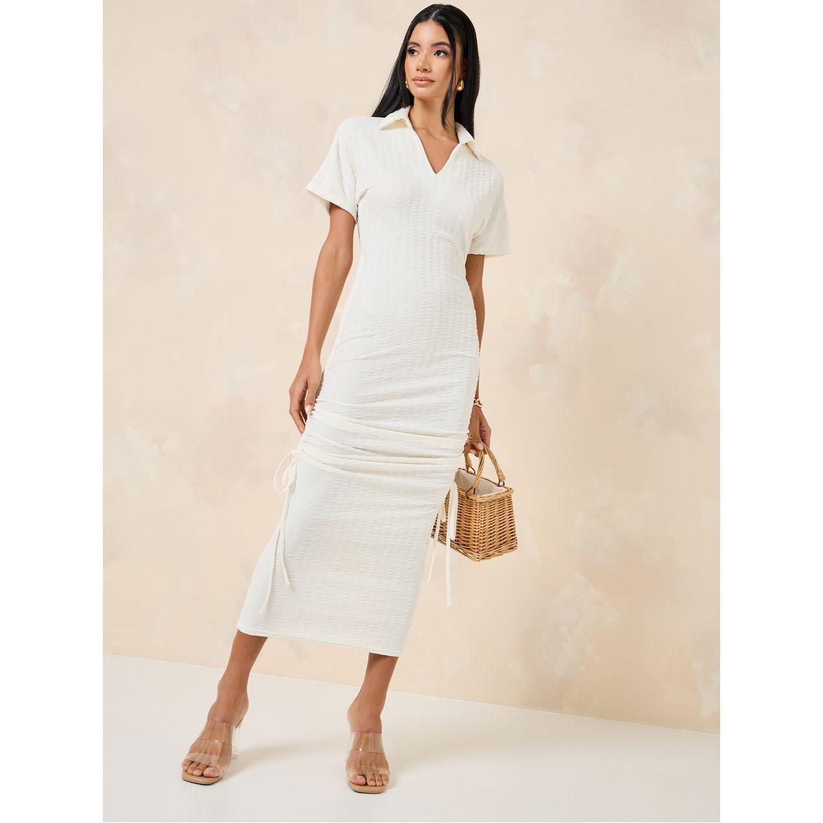 Styli Drawstring Detail Ruched Sheath Midi Dress-women-clothing-dresses-image-1