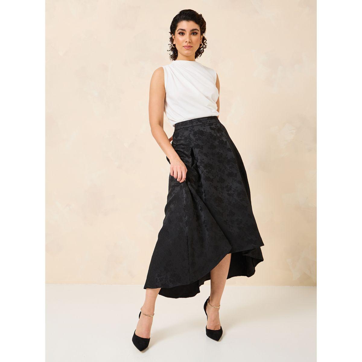 Styli Jacquard Pleated High Low Hem Maxi Skirt-women-clothing-bottoms-skirts-image-1