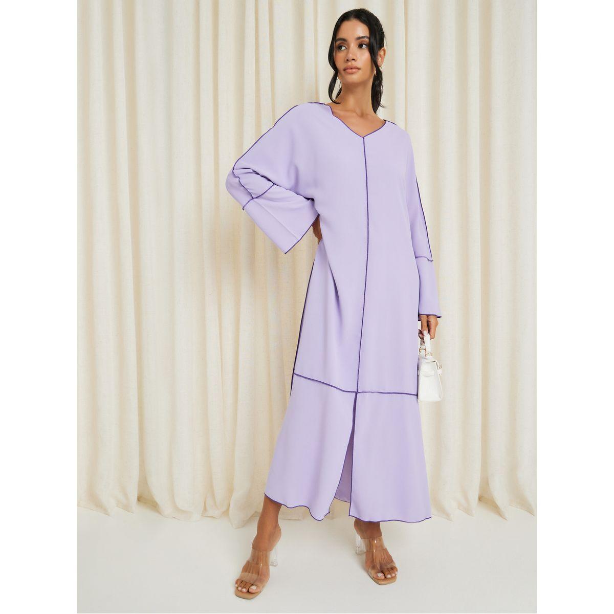 V Neck Contrast Trim Shift Maxi Dress-women-clothing-dresses-image-1