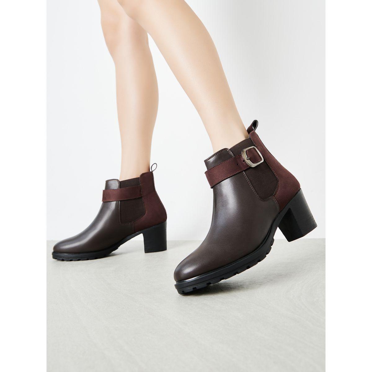 Styli Mid Shaft Block Heel Boots With Buckle Detailing-women-shoes-boots-image-1