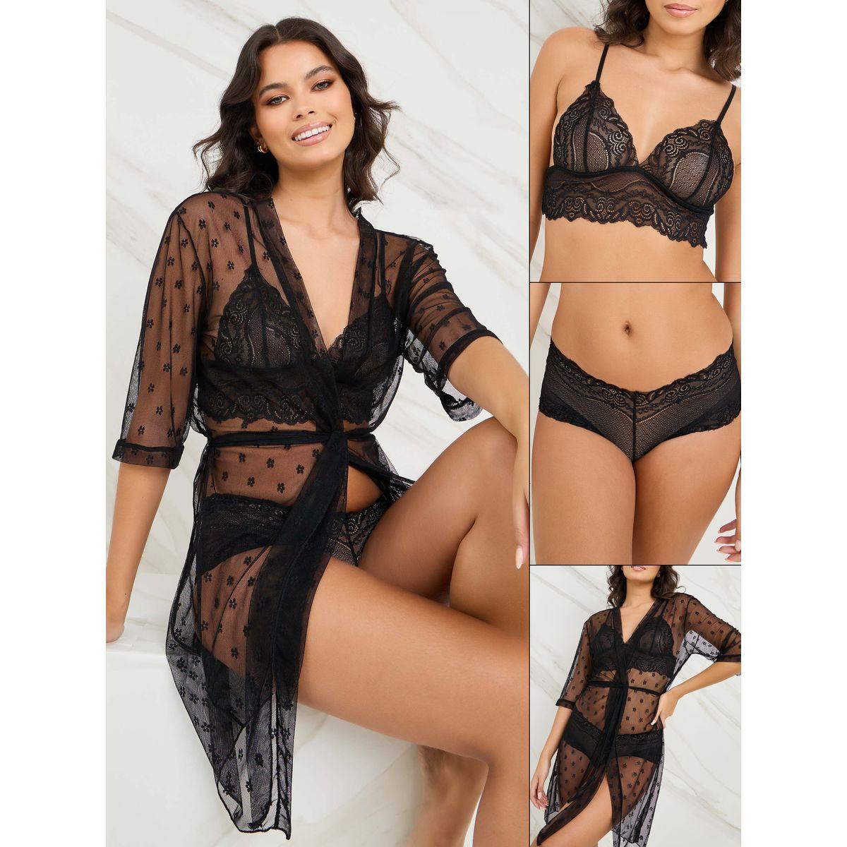Styli Pack of 3 - Ditsy Spot Mesh Tie Front Robe, Bralette & Brief-women-clothing-lingerie-lingeriesets-image-1