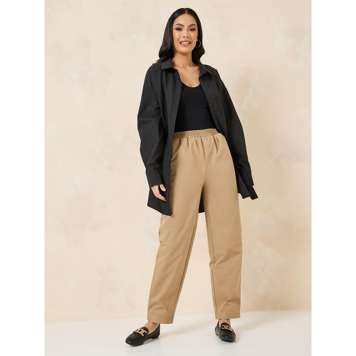 Styli Solid Tapered Leg Pants With Elasticated Waist Band-women-clothing-bottoms-trousers-image-2