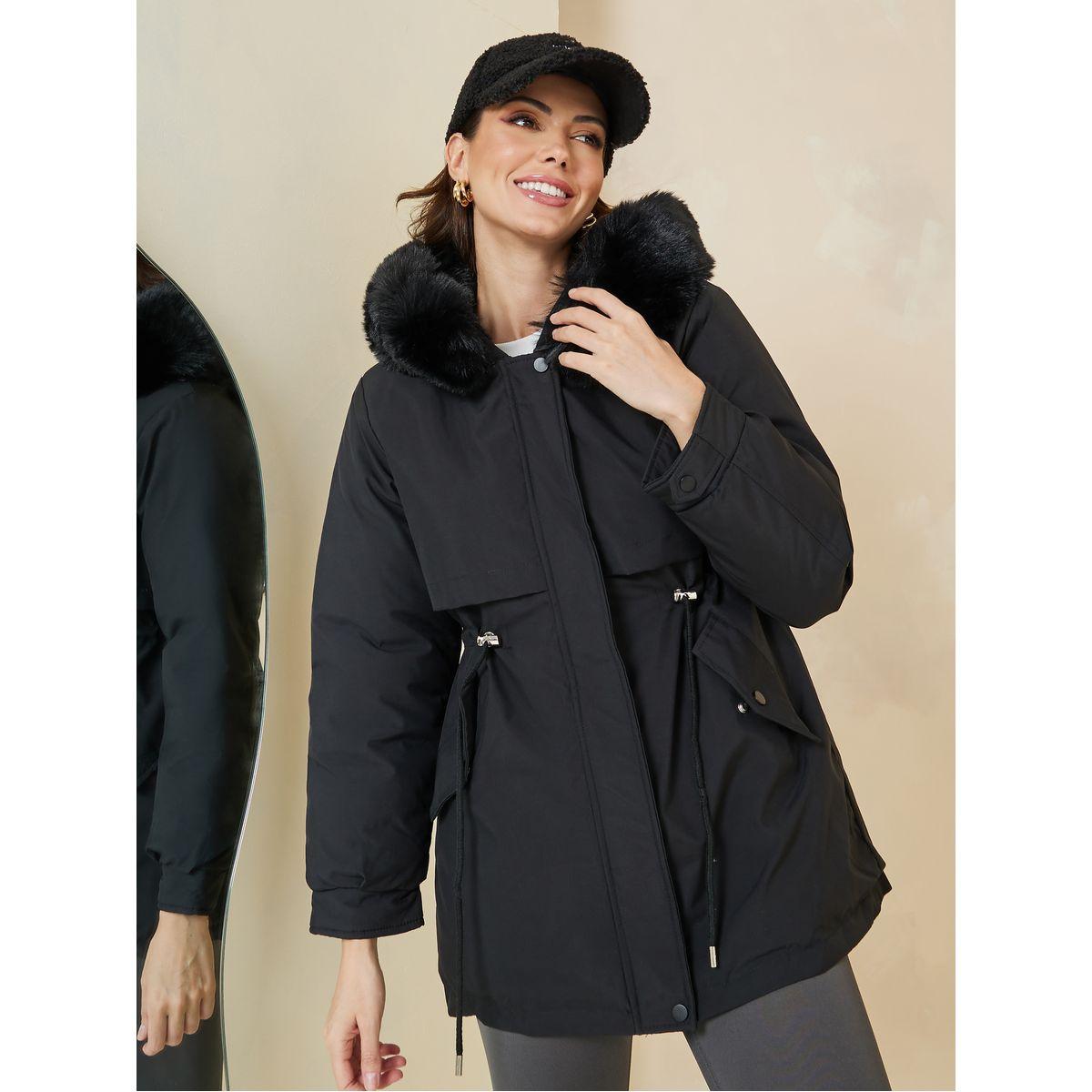 Styli Regular Fit Parka Coat with Faux Fur Hoodie-women-winterwear-coatsandjackets-coats-image-3