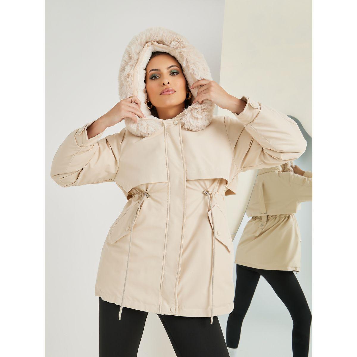 Styli Regular Fit Parka Coat with Faux Fur Hoodie-women-winterwear-coatsandjackets-coats-image-5