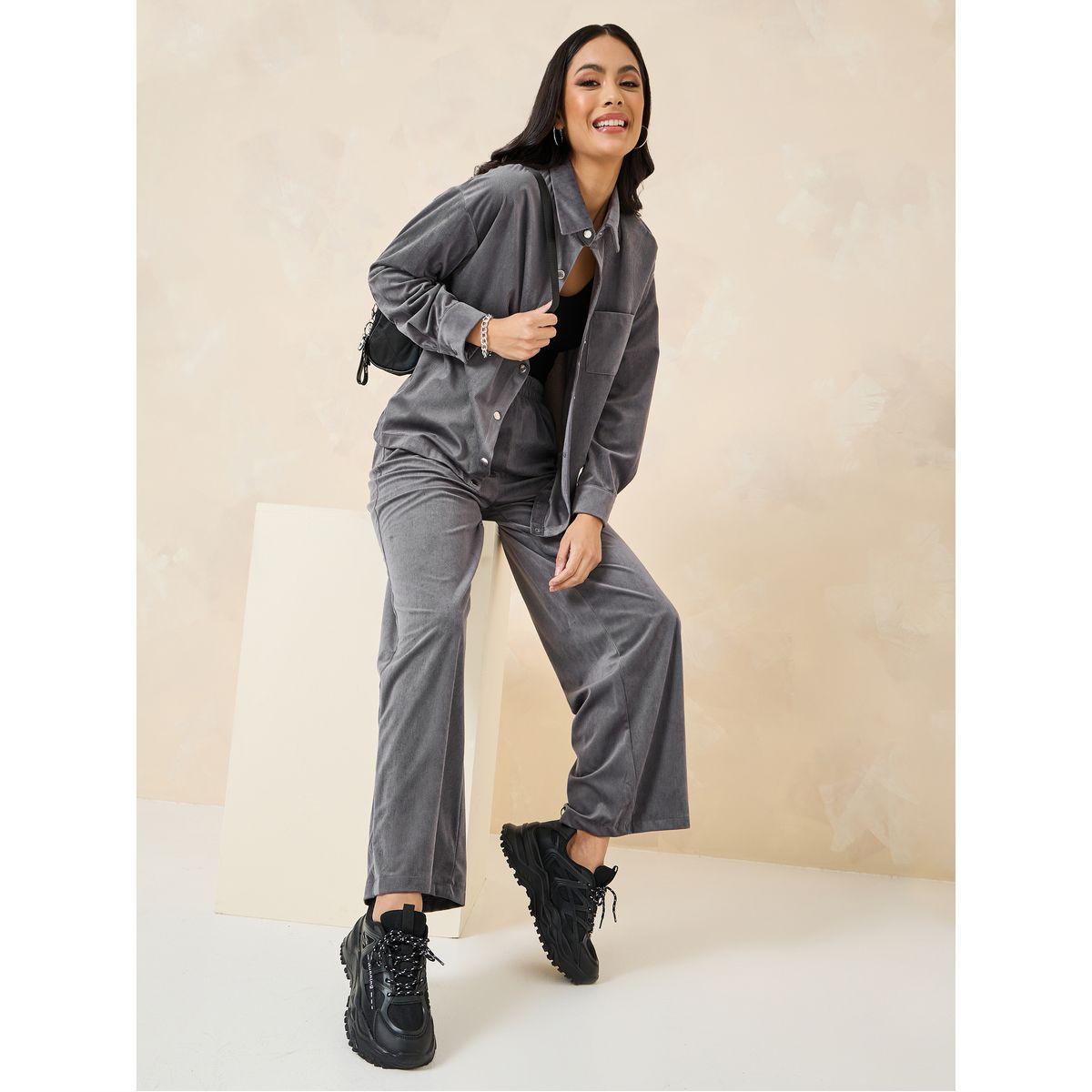 Styli Solid Corduroy Shirt & Pants Co-Ord Set-women-clothing-coordsets-image-1