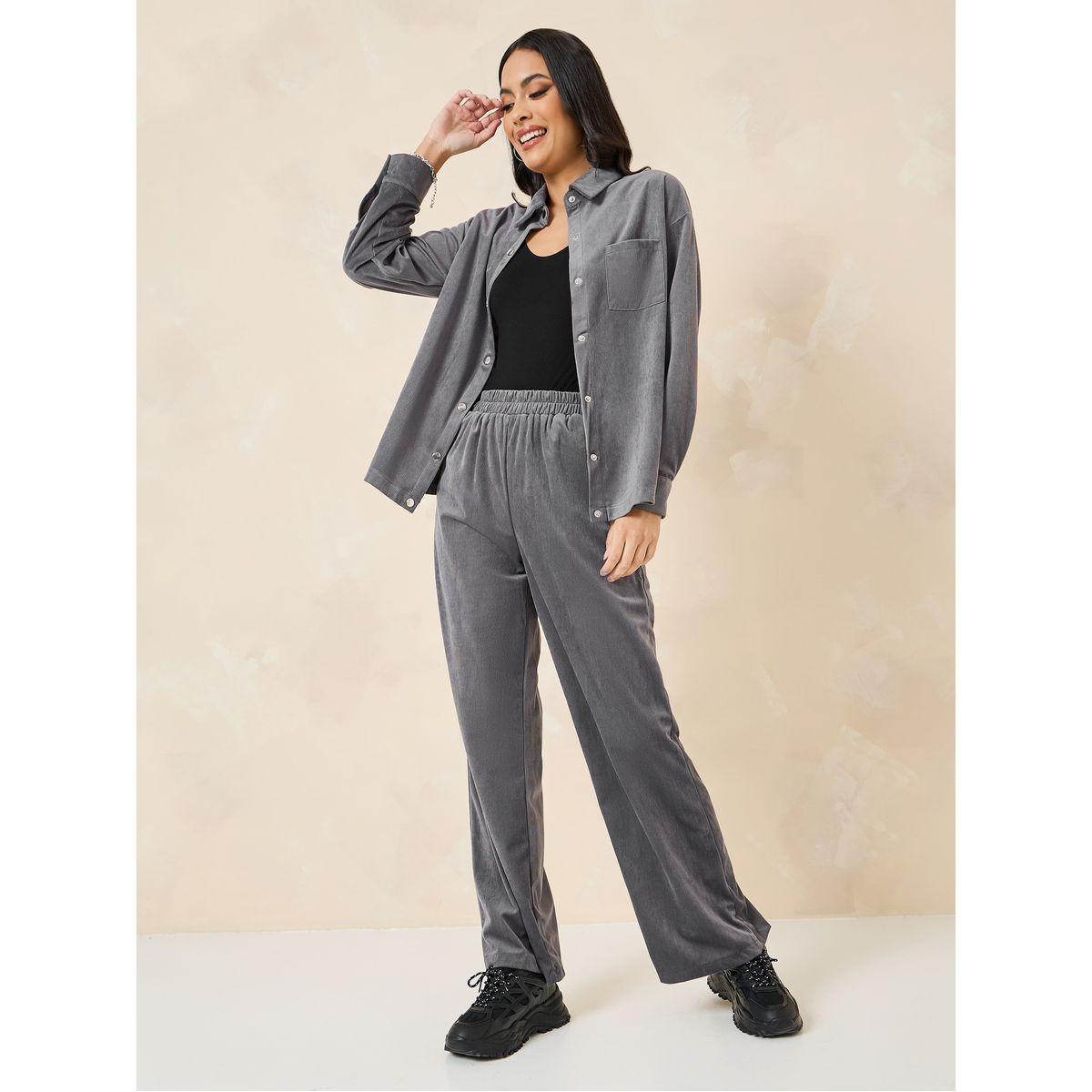 Styli Solid Corduroy Shirt & Pants Co-Ord Set-women-clothing-coordsets-image-2