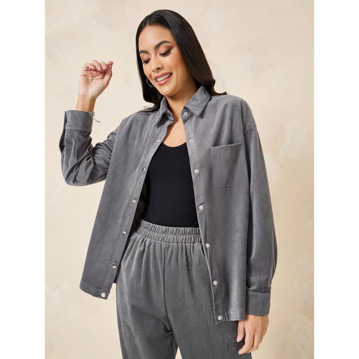 Styli Solid Corduroy Shirt & Pants Co-Ord Set-women-clothing-coordsets-image-3