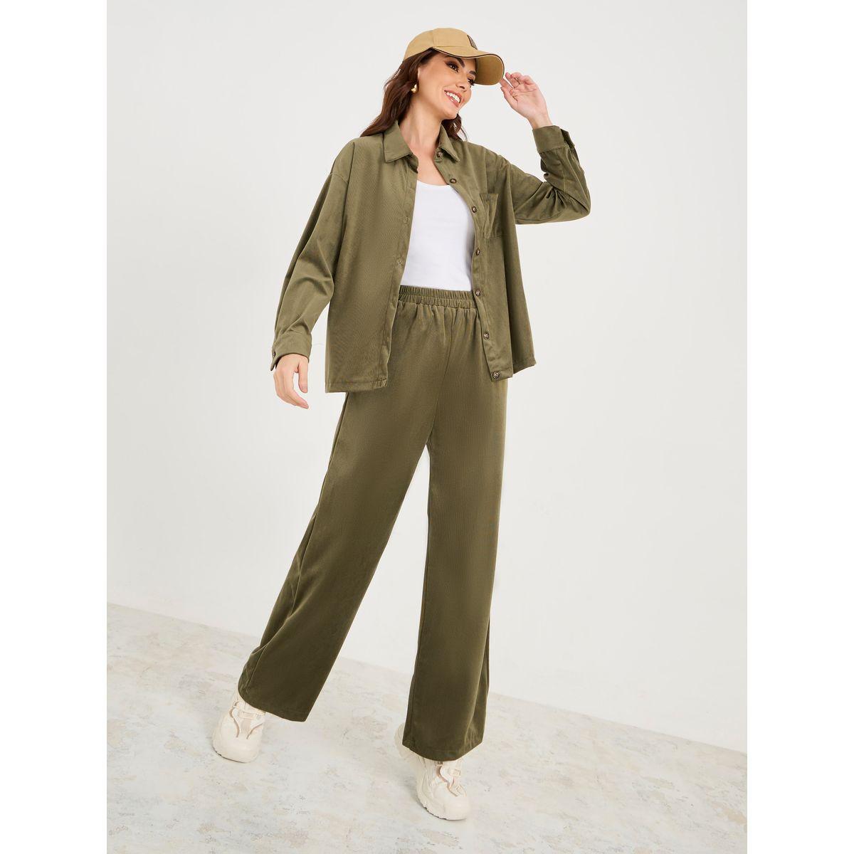 Styli Solid Corduroy Shirt & Pants Co-Ords-women-clothing-coordsets-image-1