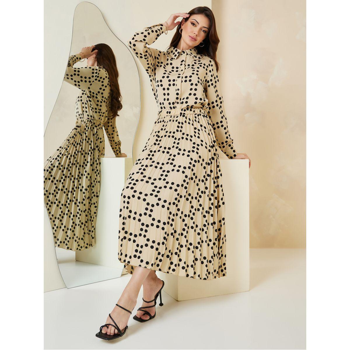 Styli Polka Dot Print Shirt & Pleated Skirt Co-Ords-women-clothing-coordsets-image-1