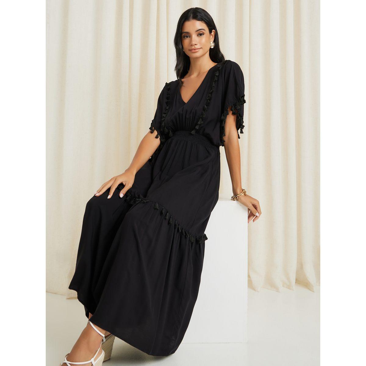 Tassel Trim Batwing Sleeve A-Line Maxi Dress-women-clothing-dresses-image-1