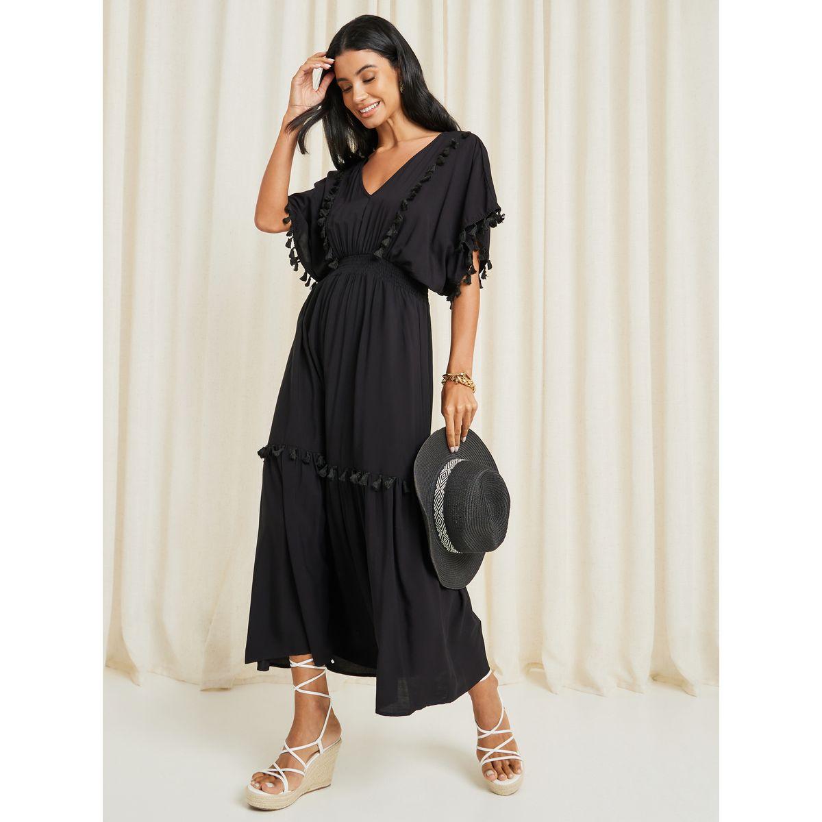 Tassel Trim Batwing Sleeve A-Line Maxi Dress-women-clothing-dresses-image-2