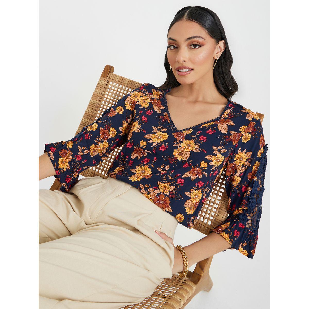 Floral Print Lace Detail Blouse-women-clothing-shirtsandblouses-blouses-image-1