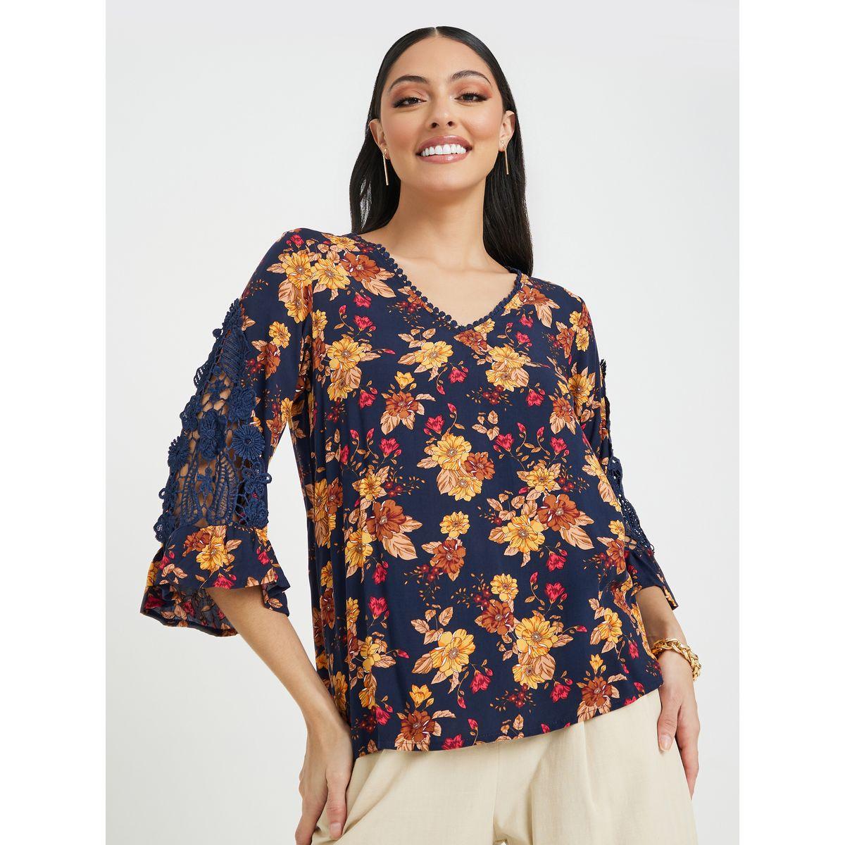 Floral Print Lace Detail Blouse-women-clothing-shirtsandblouses-blouses-image-3