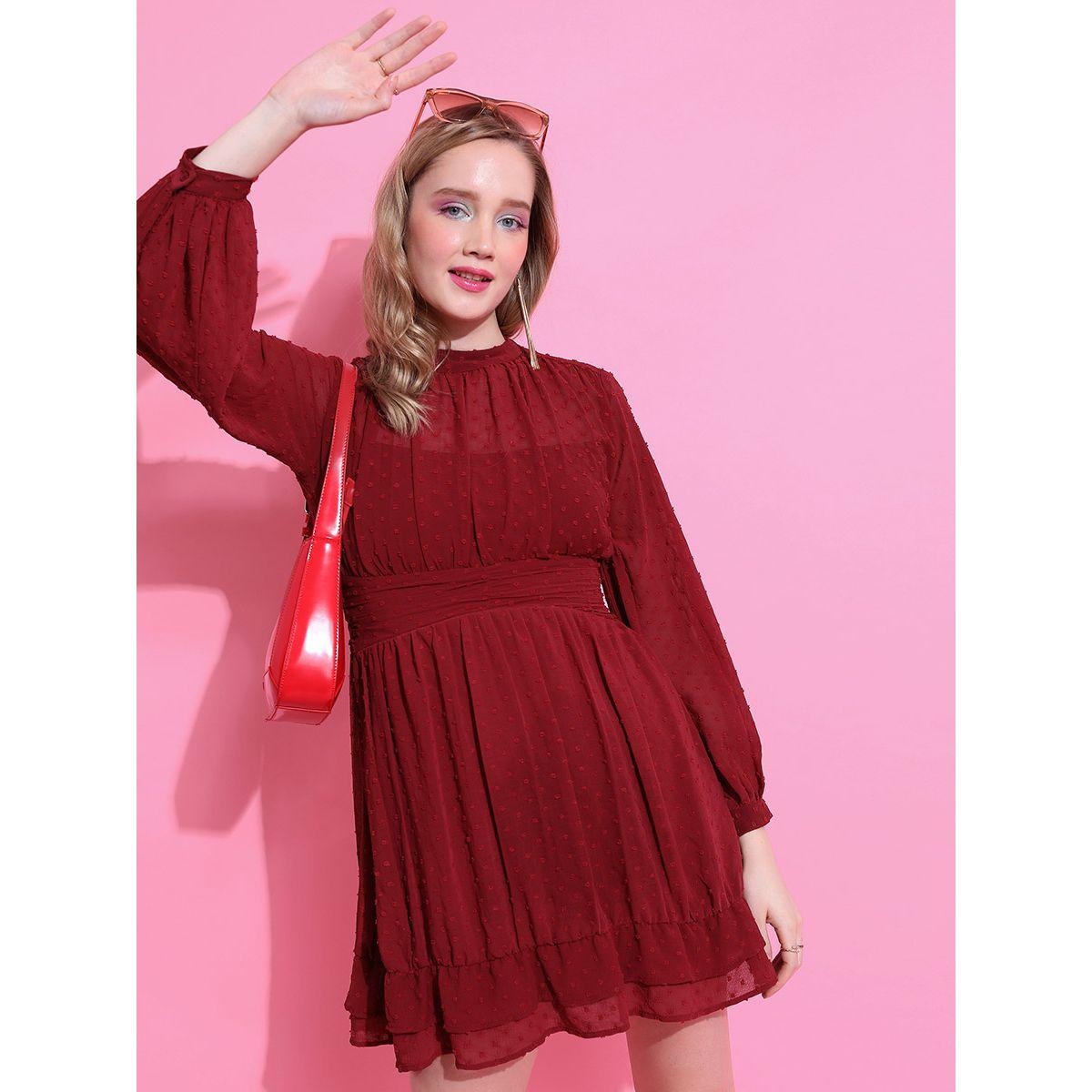 Ketch X Styli Dobby High Neck A-Line Mini Dress-women-clothing-dresses-image-1