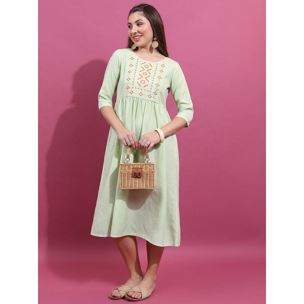 Vishudh X Styli Embroidered Yoke 3/4 Sleeve A-Line Midi Dress-women-clothing-dresses-image-1