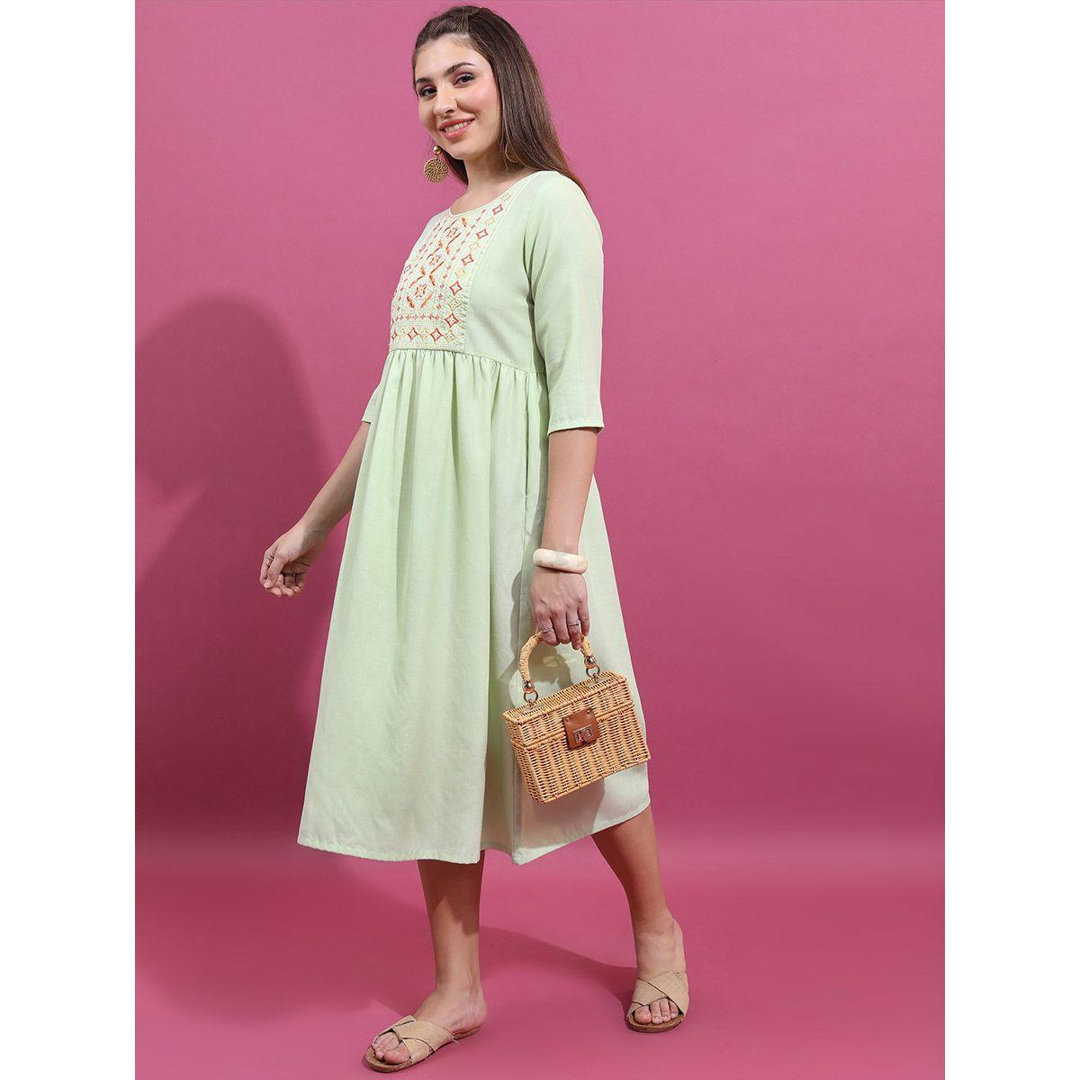 Vishudh X Styli Embroidered Yoke 3/4 Sleeve A-Line Midi Dress-women-clothing-dresses-image-2