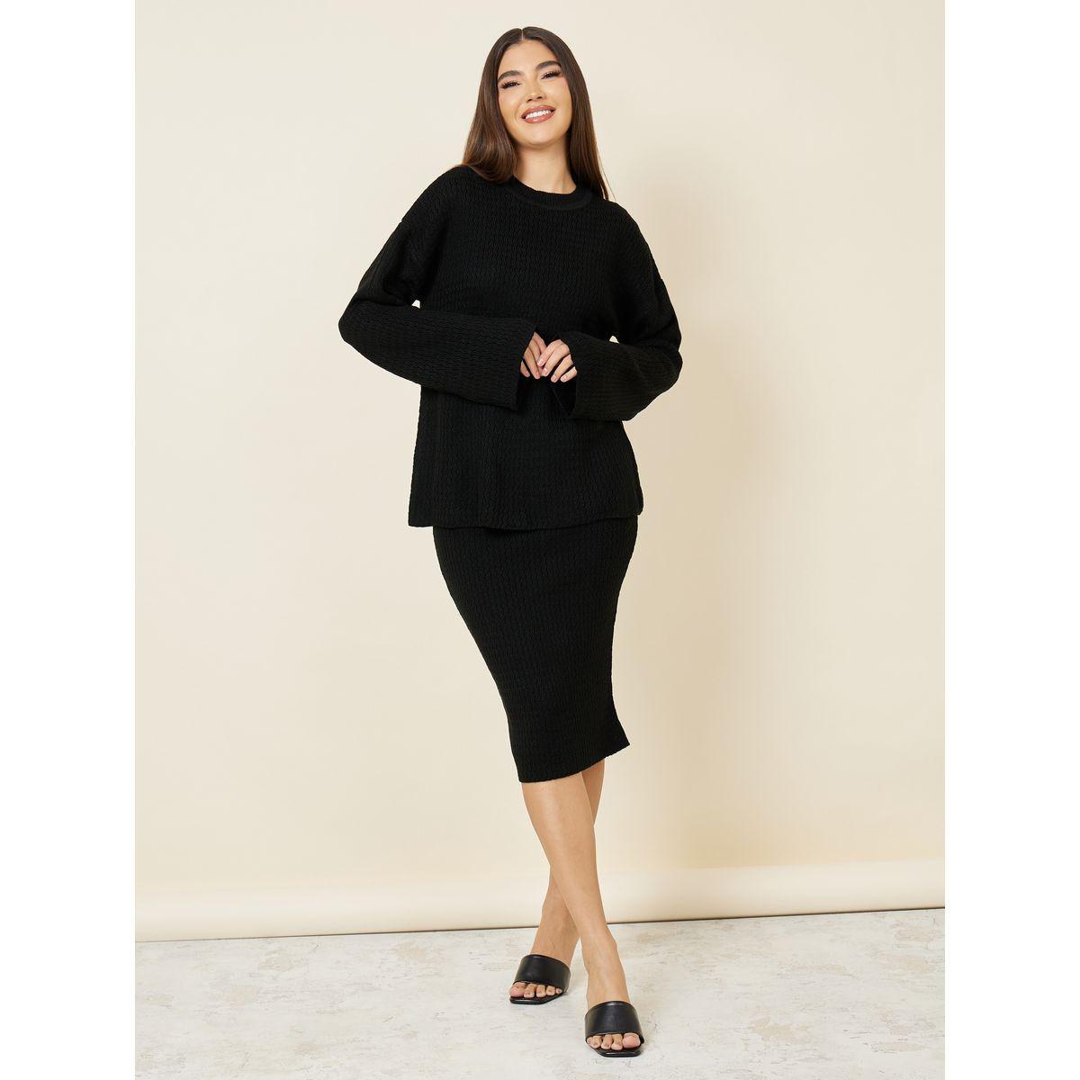 Styli Solid Cable Knit Top & Skirt Co-Ord-women-clothing-coordsets-image-1